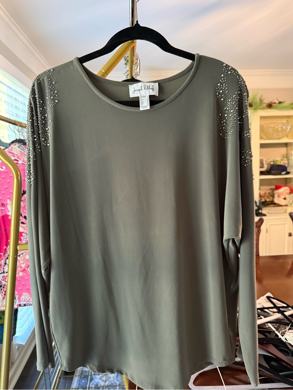 Joseph Ribkoff Olive Green Long-Sleeve Top with Shoulder Embellishments